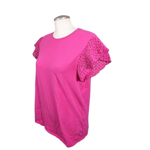 Karl Lagerfeld Top Womens Size Large Pink Eyelet Flutter Sleeve Cotton Stretch - Picture 2 of 7